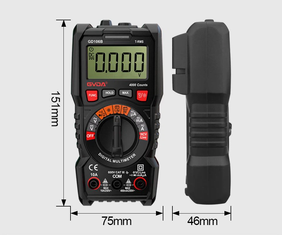 GVDA Professionele True RMS Multimeter Digitale Auto Range 600V 10A Met 40M O...